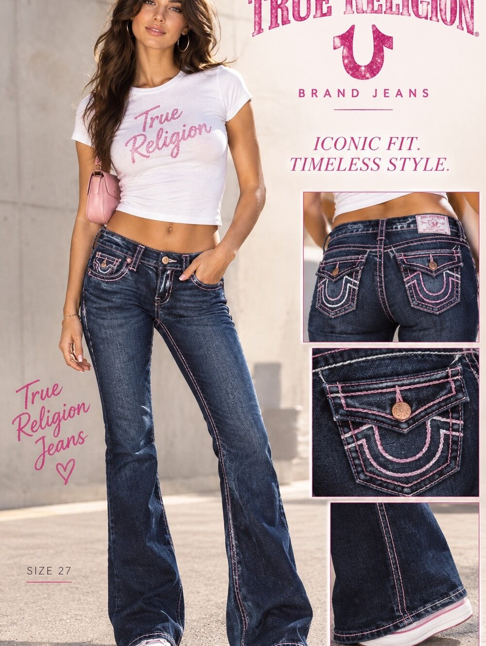 True Religion Mid Rise  Dark Wash Bootcut Jeans with Pink Contrast Stitching
